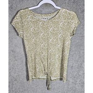 LOFT Linen Top Womens Sz XS White Green Leaf Print Short Sleeve Tie Front Hem